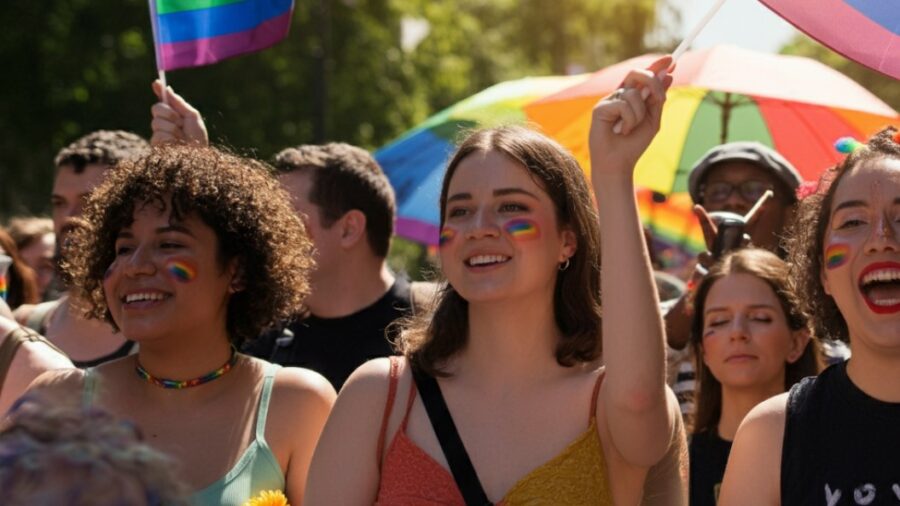 Two girls looking happy in the crowd of pride parade