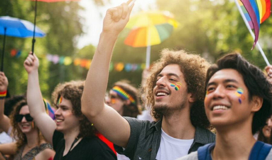 Two gay friends happy at the pride parade