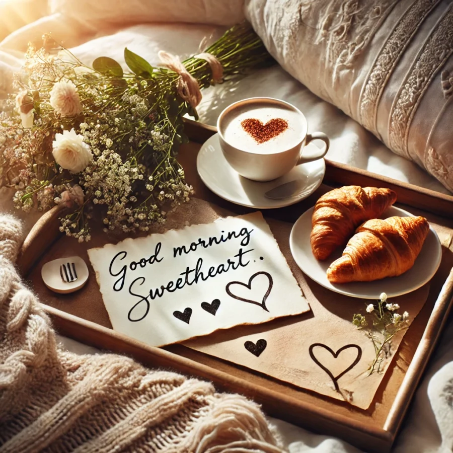 A romantic morning scene featuring a cozy bed with soft blankets a tray with croissants and coffee delicate flowers and warm sunlight streaming thr