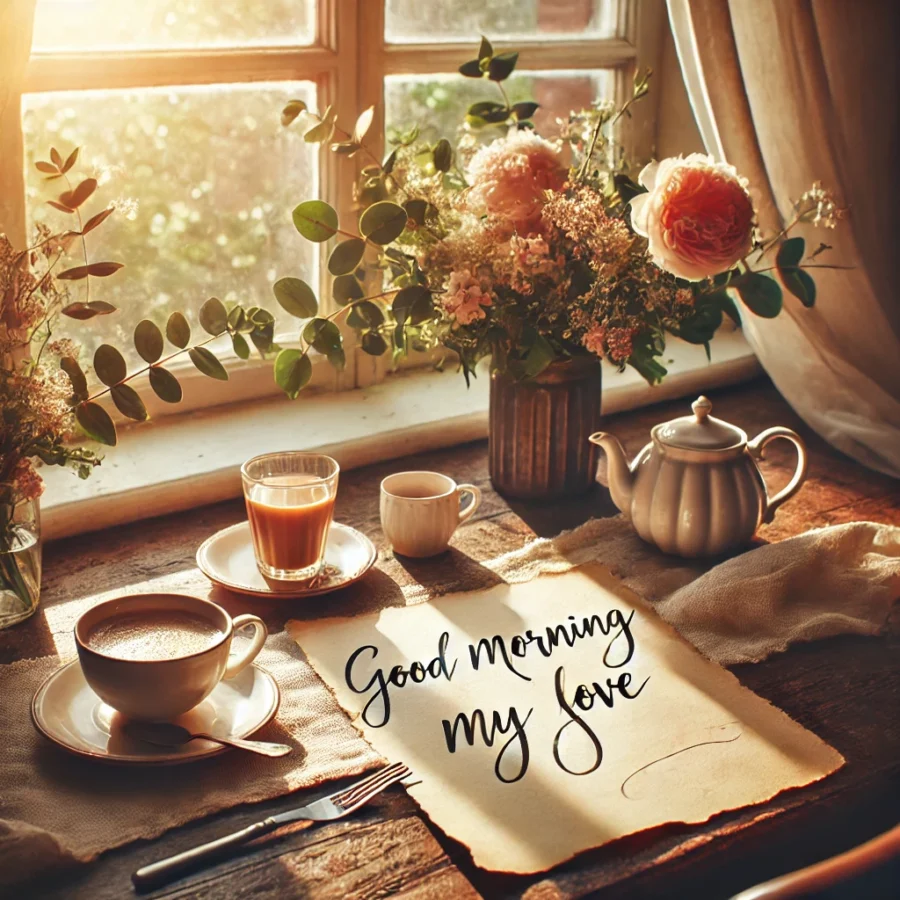 A romantic morning scene featuring a cozy breakfast table by a large window with soft sunlight streaming in. The table has two coffee cups a vase wi