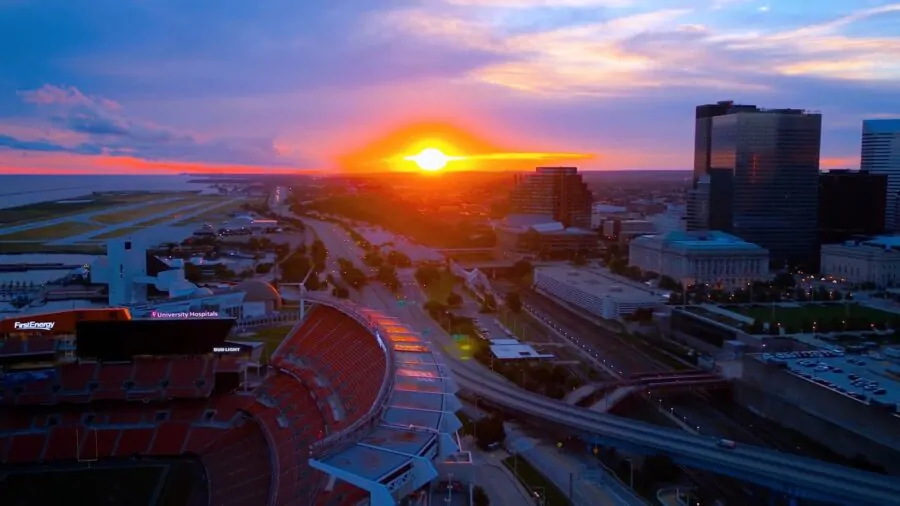 Sun rise in Cleveland aerial shot