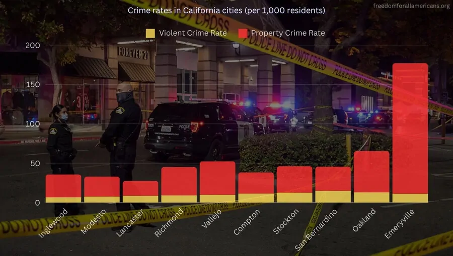 Chart showing crime rates in most dangerous California cities