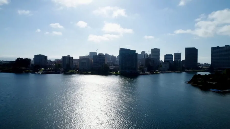 Drone shot of the Oakland's riverside