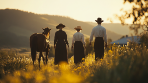 Three Individuals, Likely Members of A Mennonite or Amish Community, Walk Through a Sunlit Field Alongside a Horse