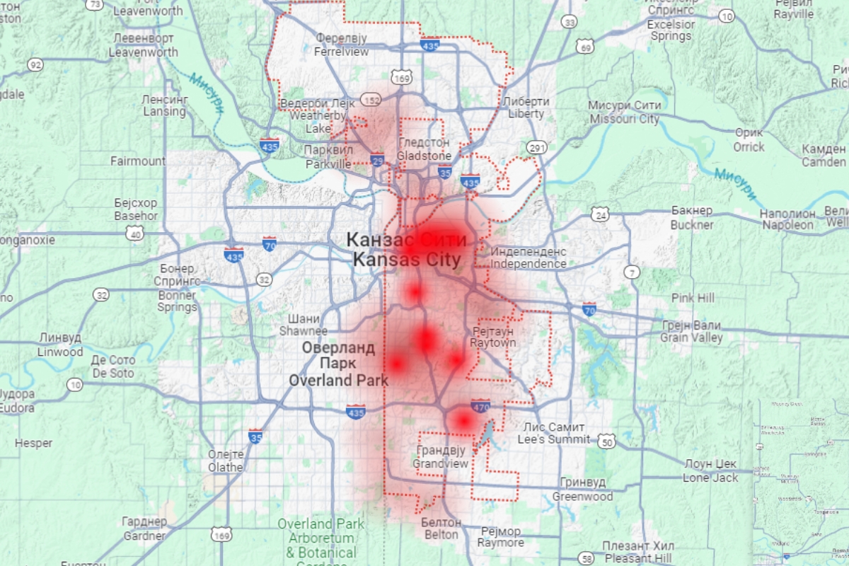 A heatmap of Kansas City showing the geographical distribution of crimes. The map highlights areas with varying intensities of red, indicating higher concentrations of criminal activity, primarily in the central and southern parts of the city.