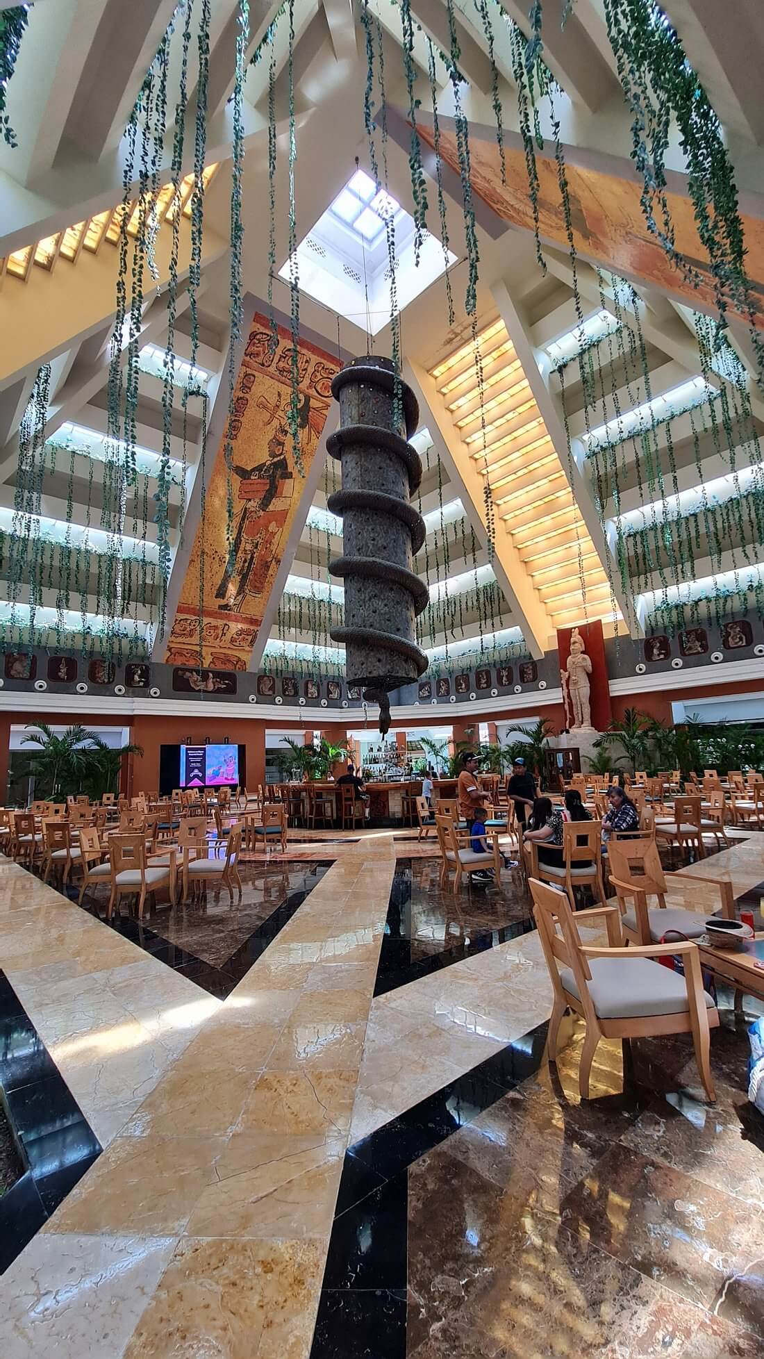 The lobby of the Iberostar hotel is designed in the Mayan style