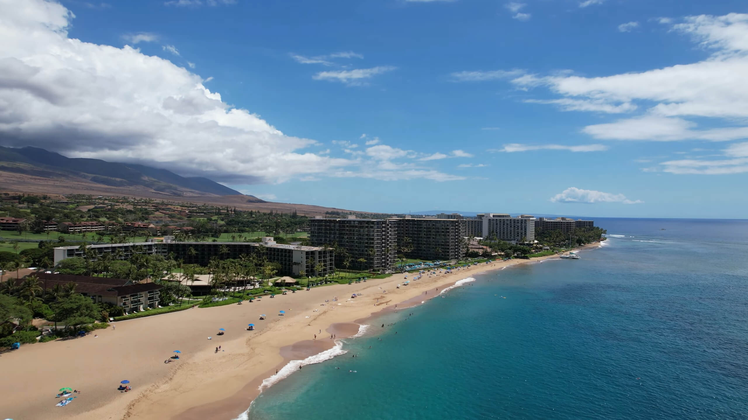 Ka'anapali Beach photographed by drone on a sunny day in Maui