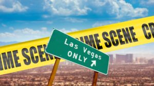 A Green Road Sign Indicating "Las Vegas Only" Is Placed in Front of Yellow Crime Scene Tape with The Cityscape of Las Vegas Visible in The Background, Suggesting a Focus on Crime in Las Vegas