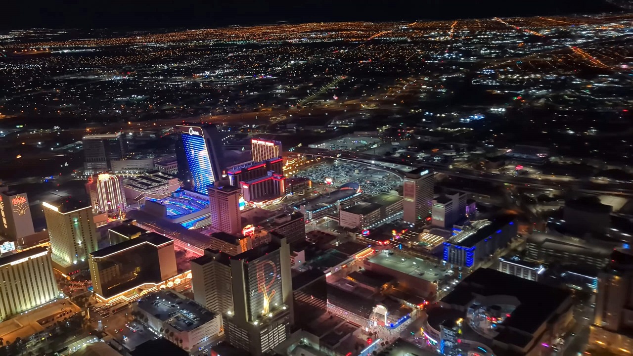 A view of Las Vegas at night during a helicopter ride