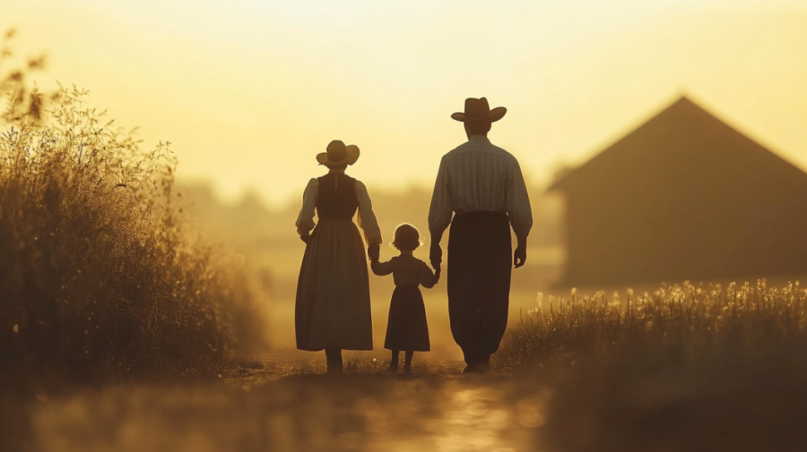 A Mennonite or Amish Family Walks Hand in Hand Down a Rural Path at Sunrise, with A Barn in The Background