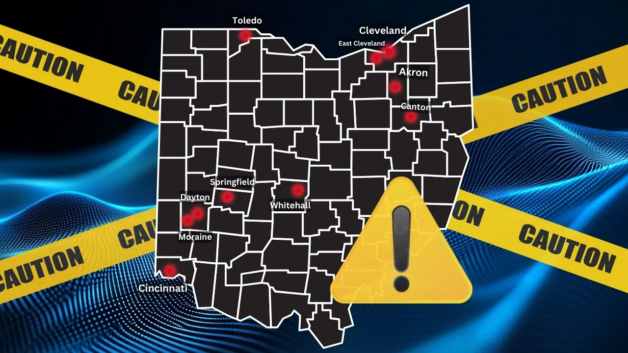 map of Ohio highlighting cities with red dots that represent the most dangerous areas, including Cleveland, Toledo, Akron, Canton, Cincinnati, Dayton, Moraine, Springfield, Whitehall, and East Cleveland