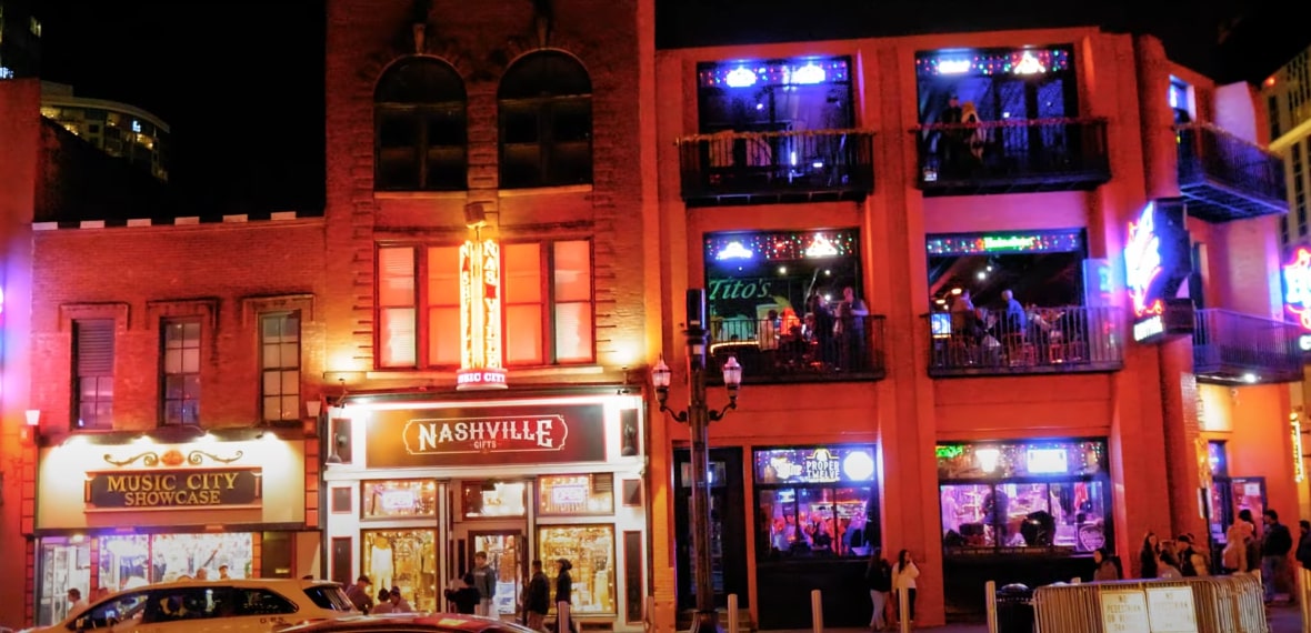 A view of the restaurants and bars in Nashville, known for its vibrant nightlife