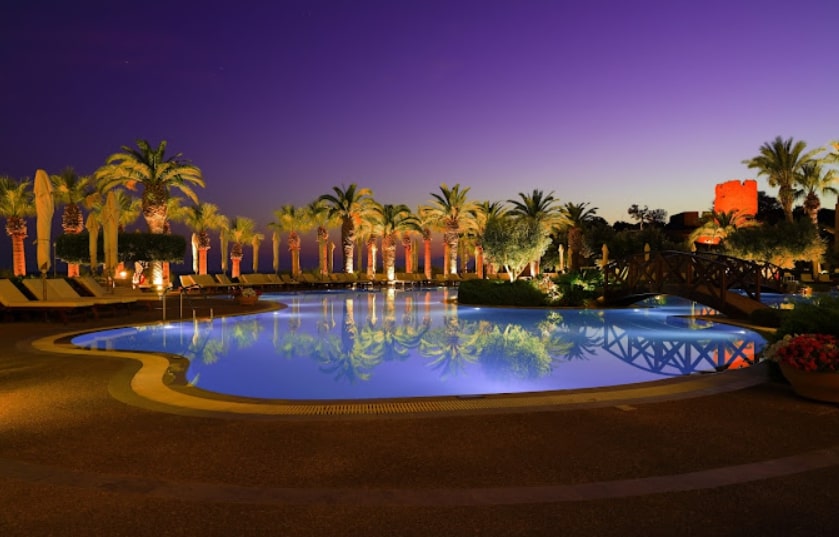 Beautiful sunset view over the pools at Sani Resort in Halkidiki, Greece