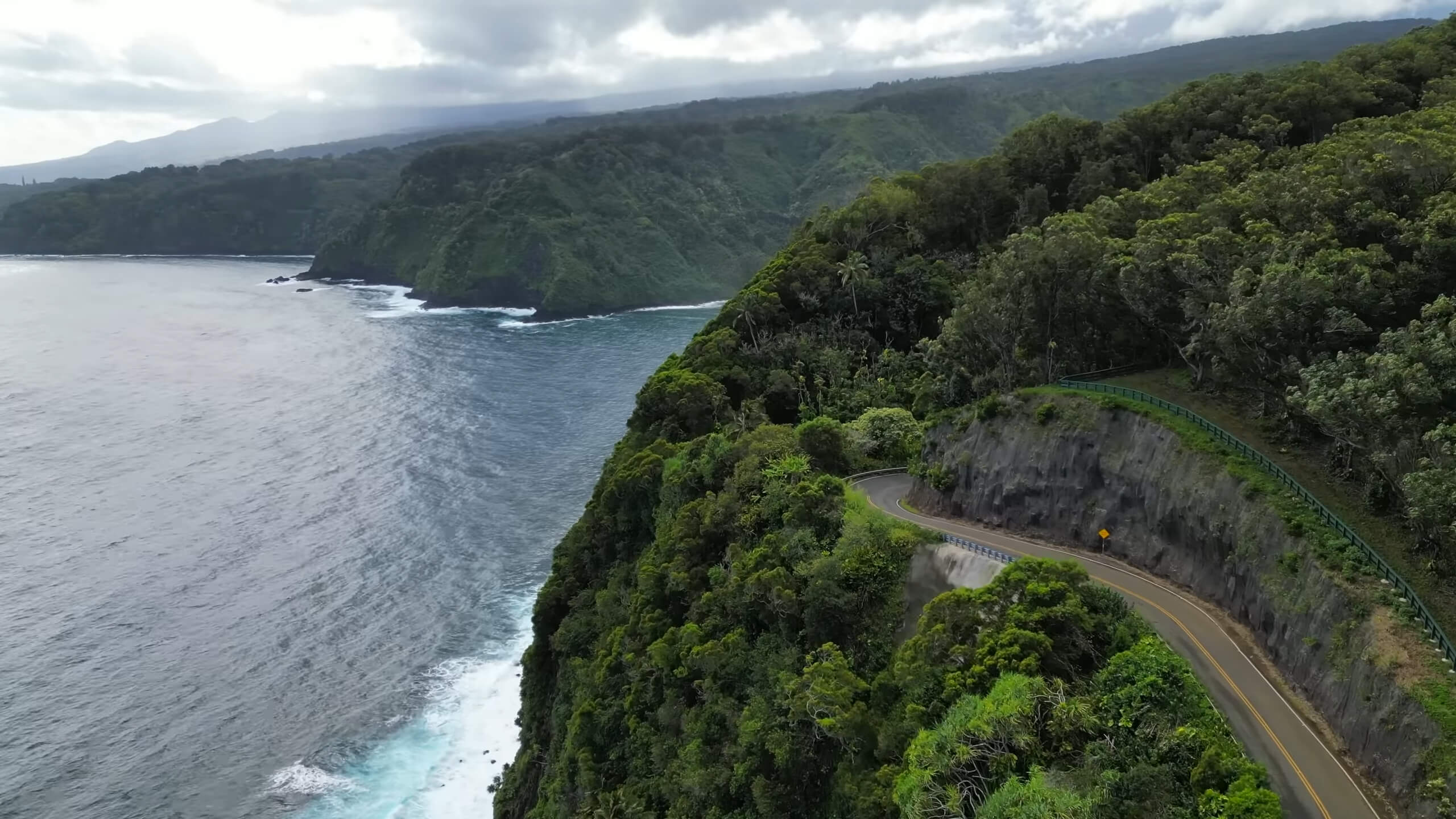 A beautiful view of the Road to Hana captured by drone while driving