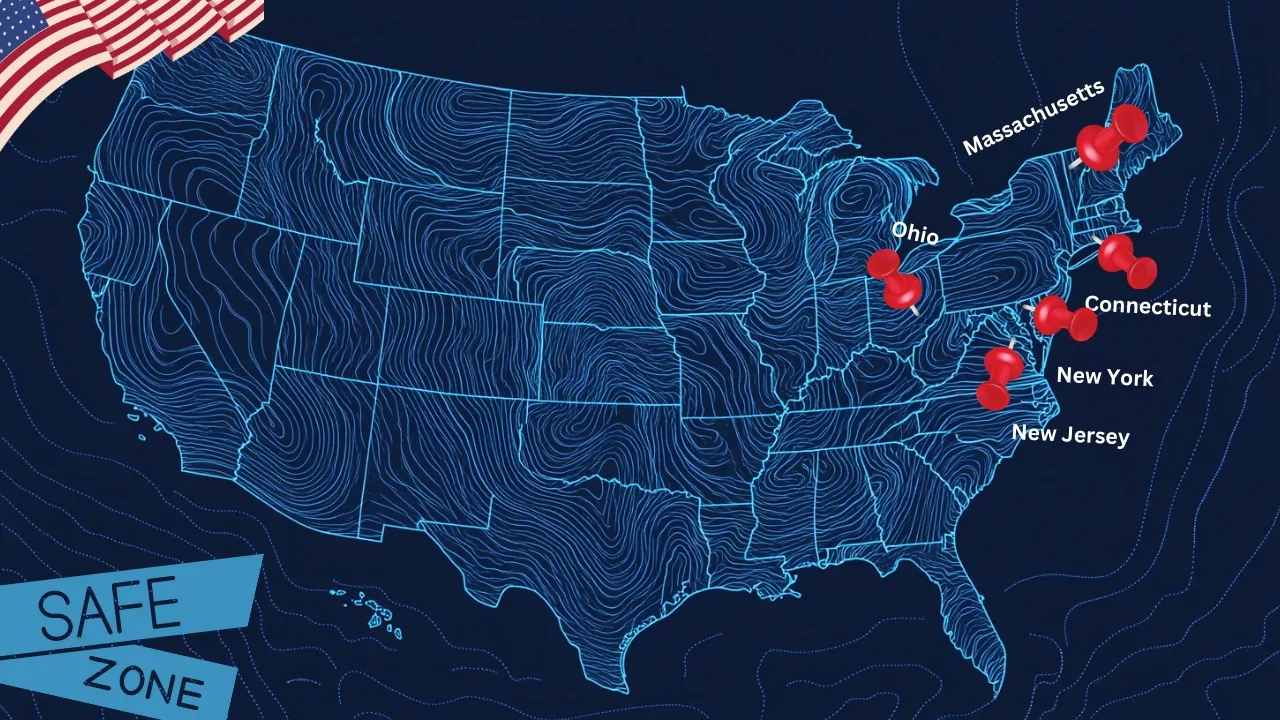 map of the United States highlighting specific states including Massachusetts, Ohio, Connecticut, New York, and New Jersey with red push pins, indicating areas within the 'Safe Zone' category