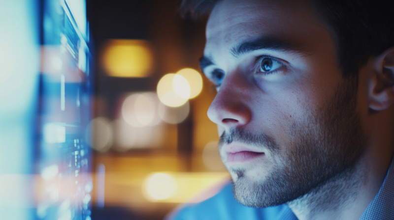 A Man Intently Looking at A Monitor Displaying an Analysis of Crime Rates in Las Vegas