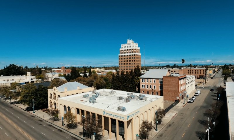 Aerial view of Stockton city featuring various buildings