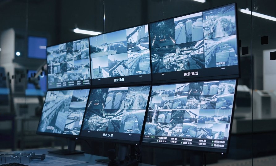 Six monitors showing security camera live footage