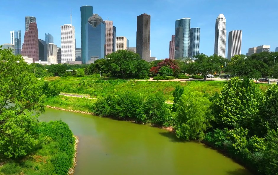 Tall buildings in Houston surrounded by green scenery 