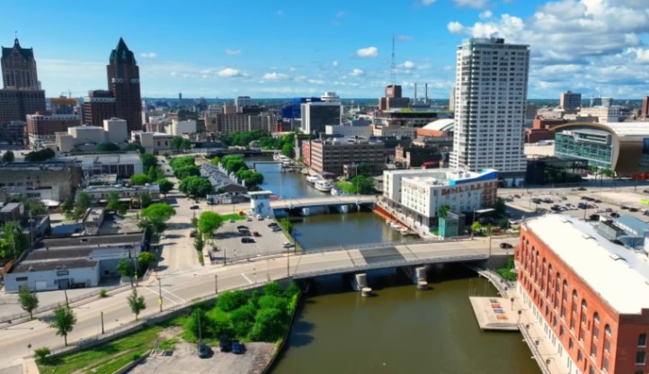 Drone view of Milwaukee on a sunny day