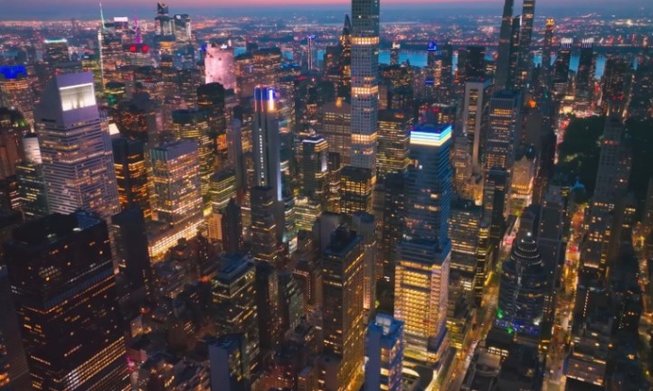 Aerial view of New York City during night