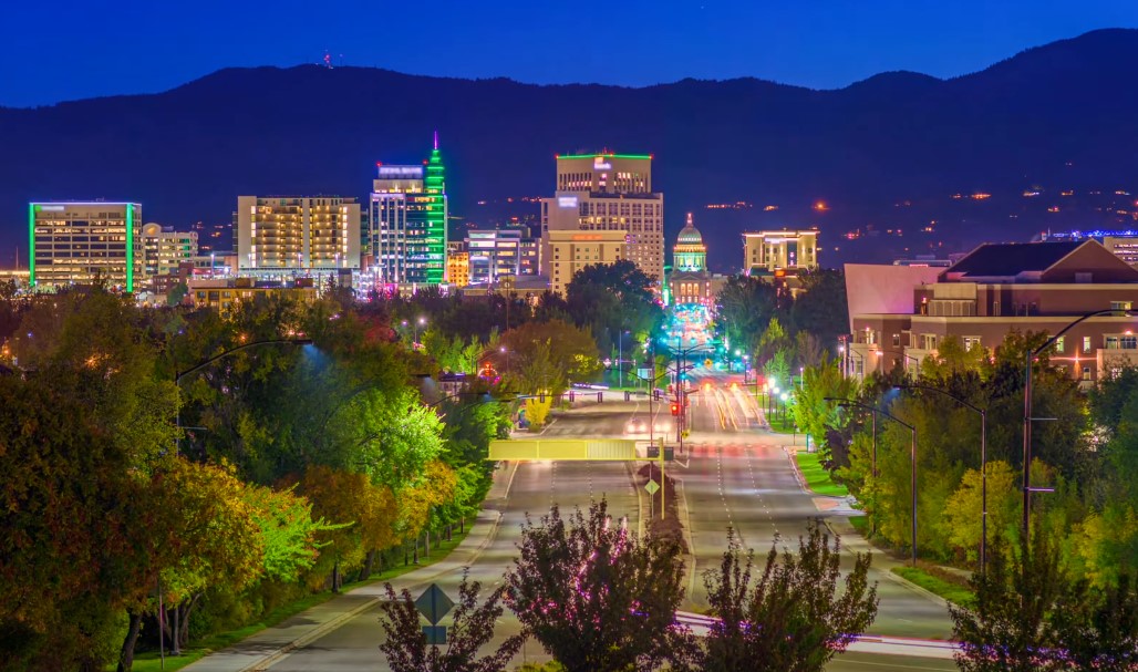 Drone view of the Boise, Idaho at night 