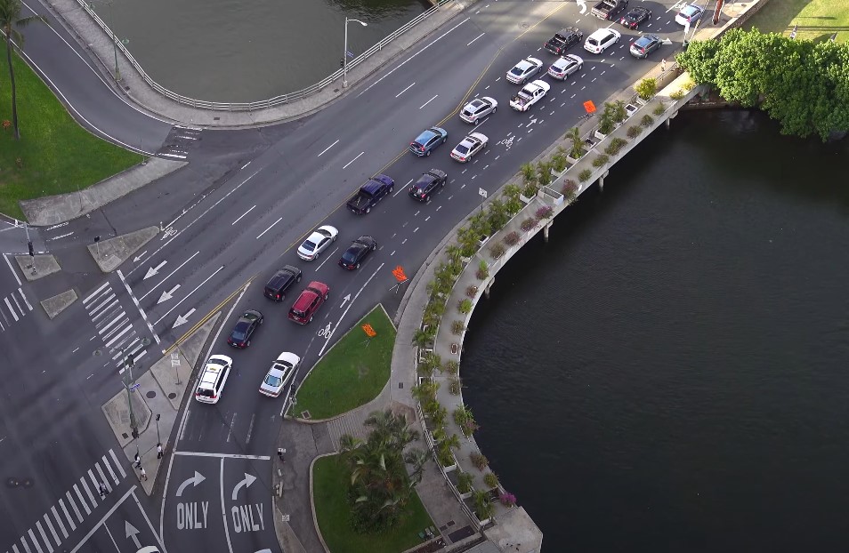 Drone shot of a traffic jam on the road