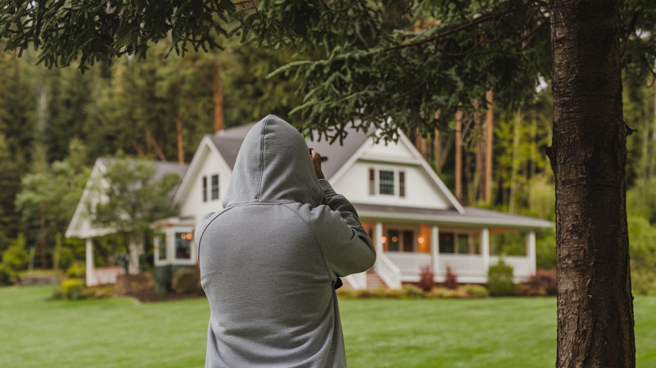 Masked person is taking photos of a house