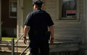 A policeman stands in front of the house