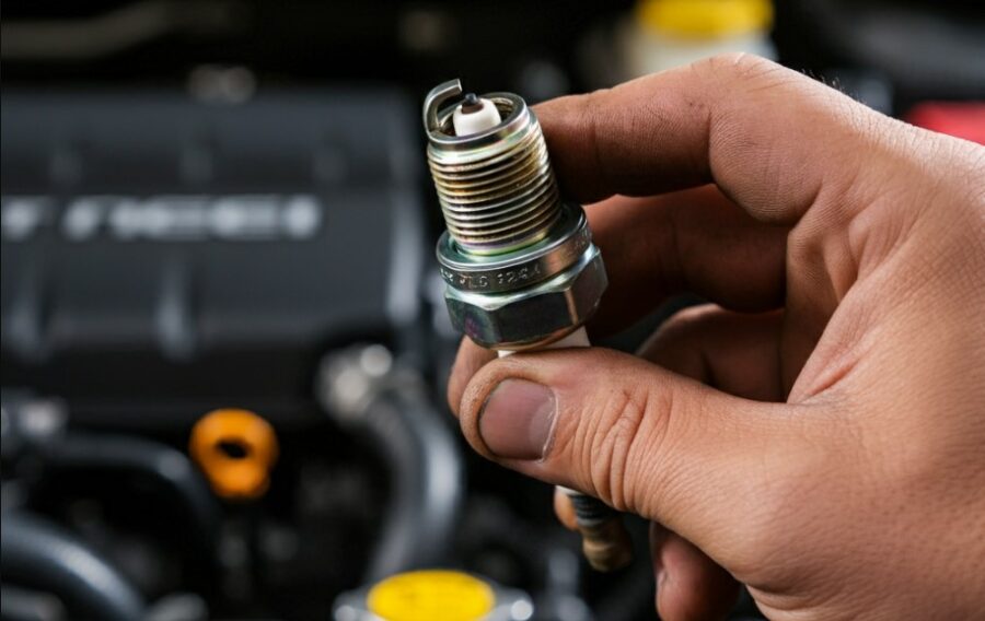 Hand holding spark plug in a car