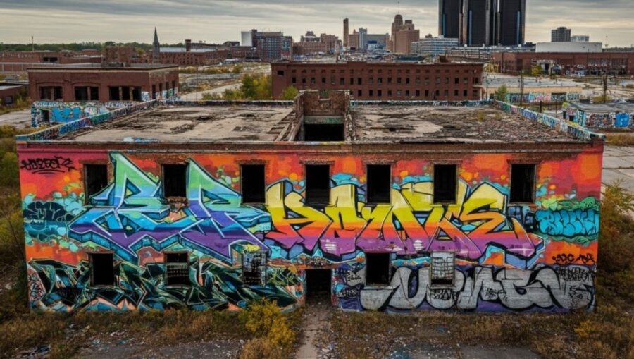 A view of an abandoned building, heavily adorned with colorful graffiti