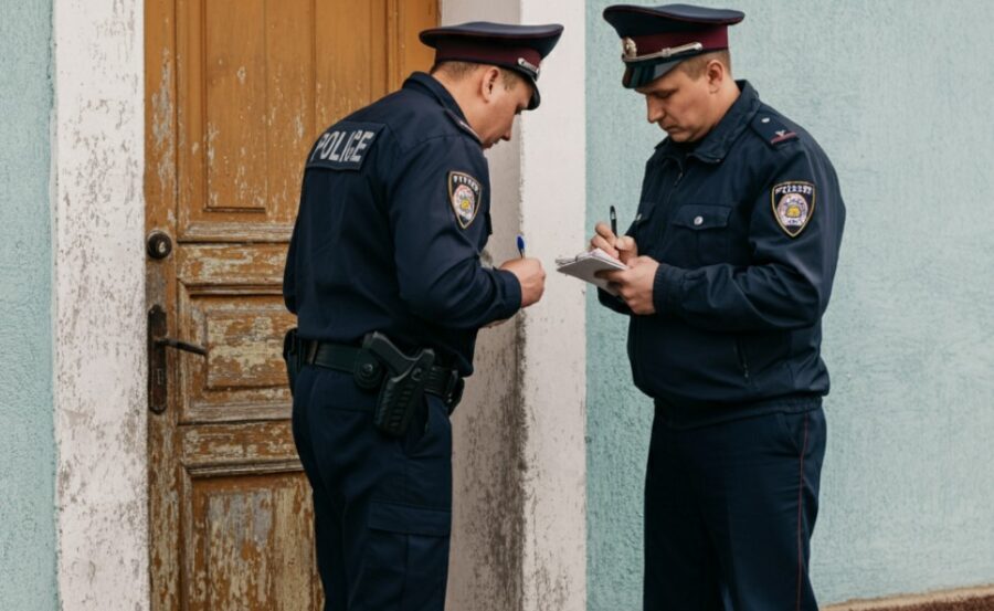 Two police officer standing in front of the house doors