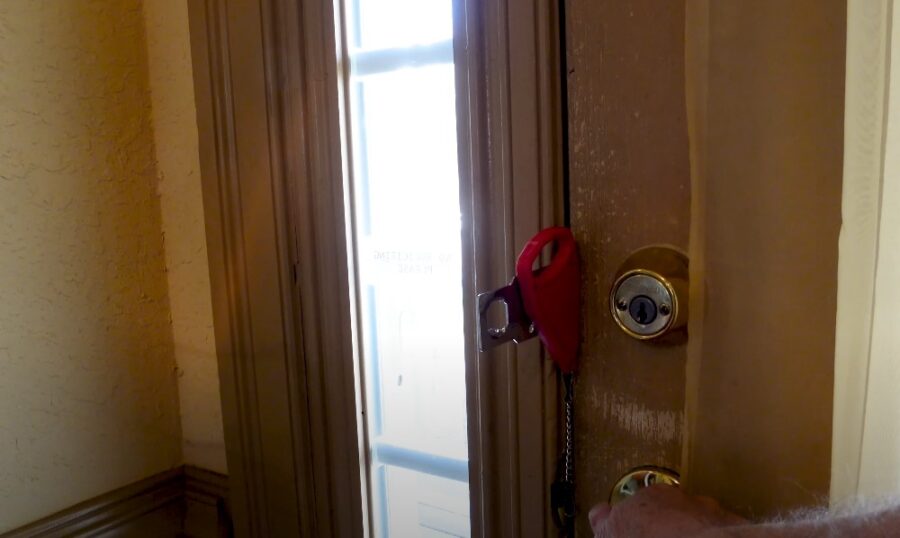 Red portable temporary hatch on the doors