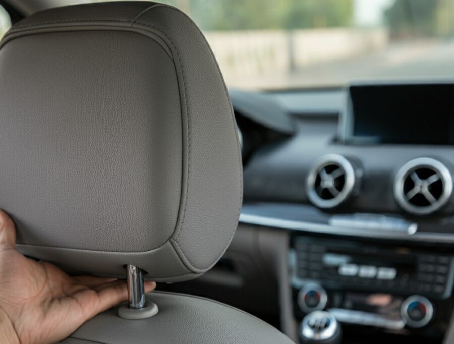 Hand standing on a gray car headrest