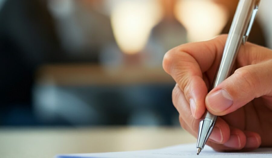 Human hand holding a pen and writing on paper