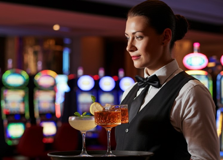 A girl server holding a tray with two cocktails