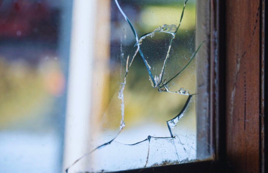 A broken glass on a house window