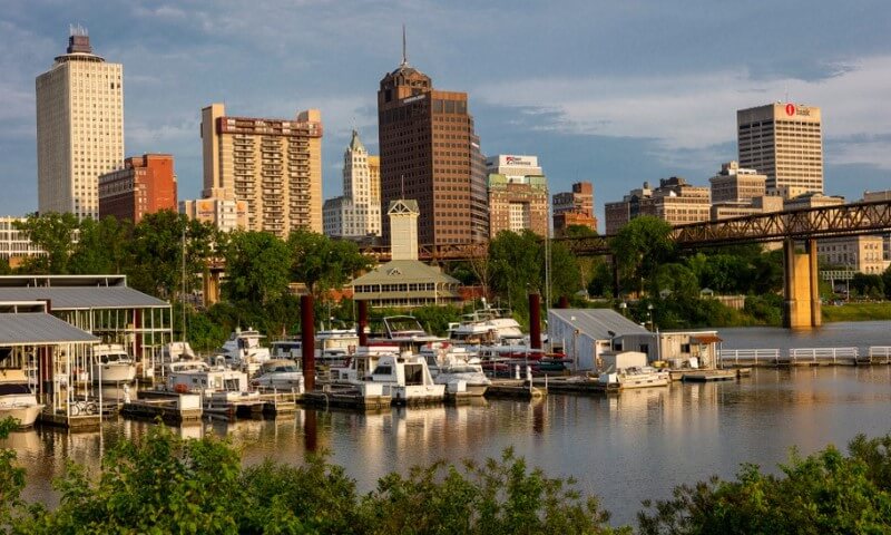 Memphis skyline at sunset across a river