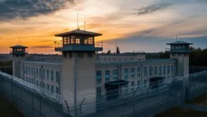 A photo of a prison with a look at the guard tower