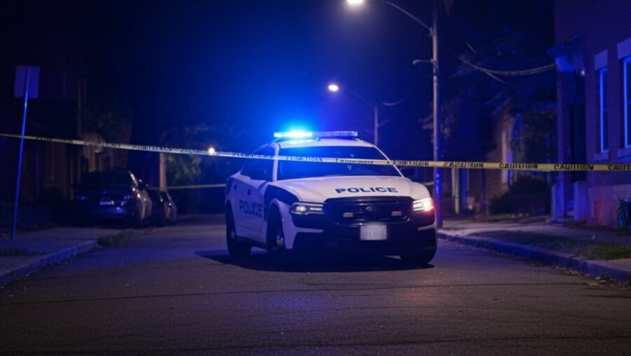 Crime scene in Baltimore at night with a police car on the street