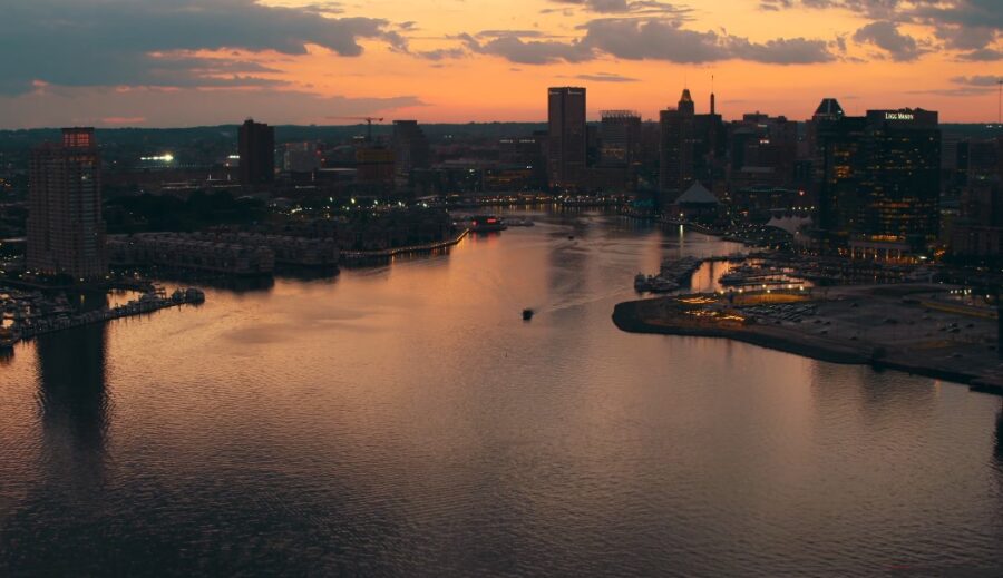 Drone shot of a sunset in Baltimore