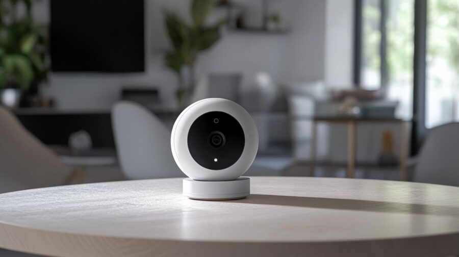 modern security camera on a wooden table, set in a well-decorated room with plants and soft furnishings in the background