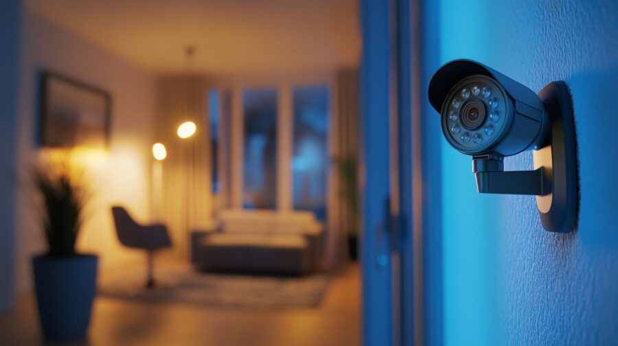 surveillance camera mounted on a wall in a softly lit living room, with furnishings in the background