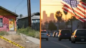 Split image showing a run-down building with "crime scene" tape on one side and a busy city street with cars and palm trees on the other, overlayed with the outline of California filled with the American flag