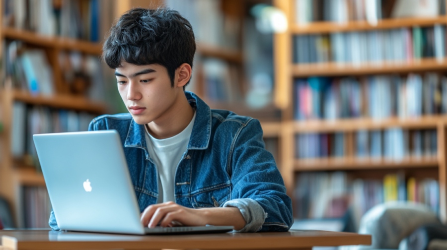 Student in A Library Using a Laptop to Research Consumer Rights