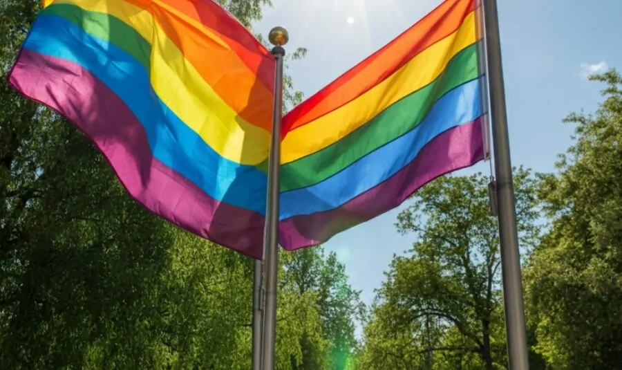 Two LGBTQ+ flags waving on poles