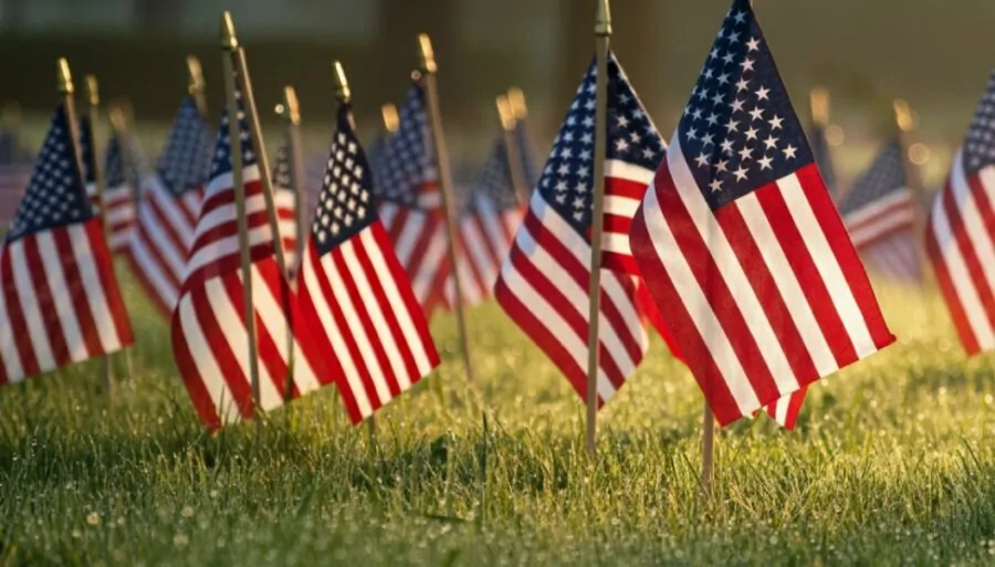 American flags standing on a small poles in the grass