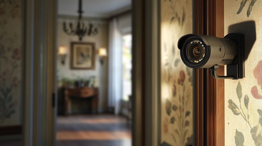 Security camera mounted on a wall, overlooking a beautifully decorated room with floral wallpaper and a wooden furniture piece in the background