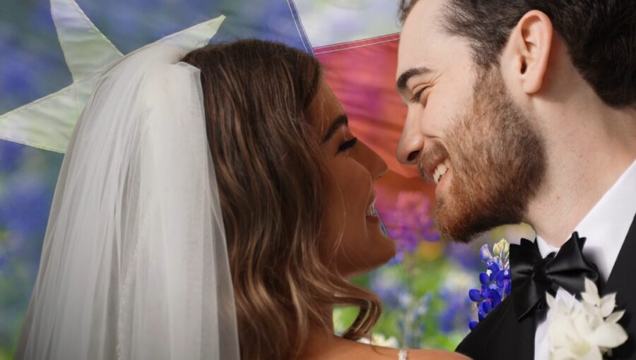 Wedding couple with floral background and decorations