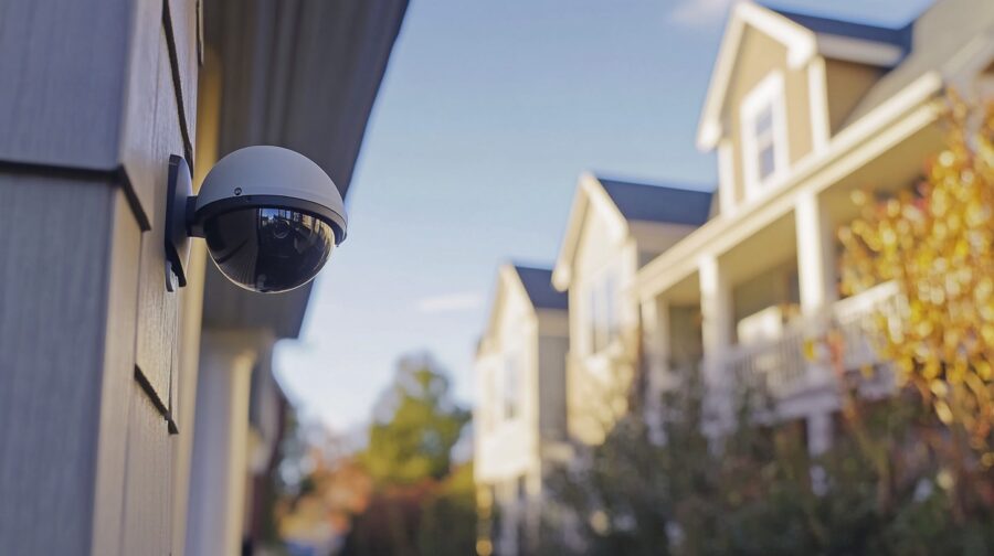 Dome security camera attached to the exterior wall of a home, with residential buildings visible in the background